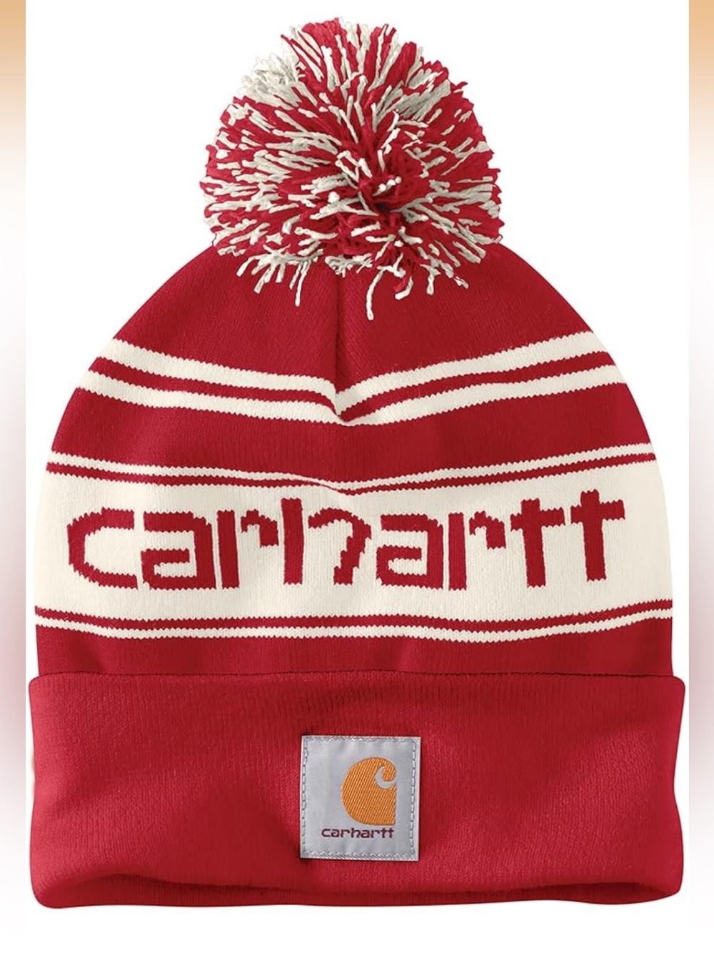 Carhartt Red and White Stipe Pom Beanie